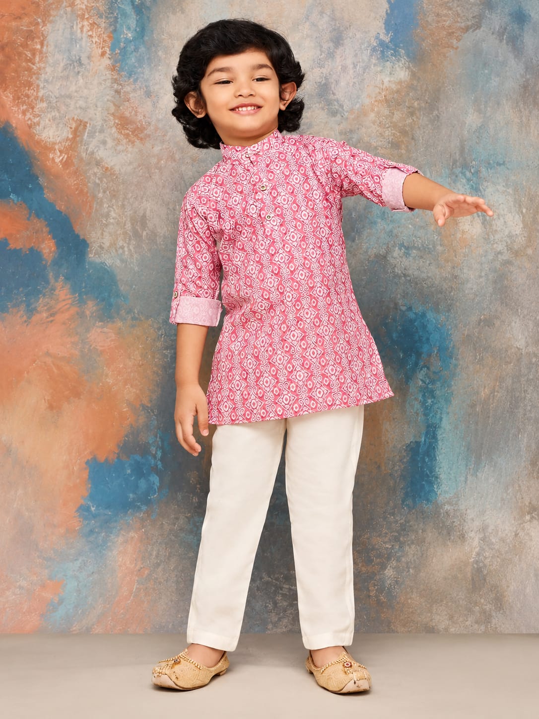 WhatsApp Image 2026-06-18 at 4.30.16 PM (1) Boys' Pink Ikat Printed Kurta and Off-White Pajama Set – 2-Piece Traditional Ethnic Wear for Kids - Image 1