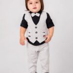 Boys' 4-Piece Formal Suit Set – Light Grey Melange Waistcoat, Black Shirt, Bow Tie, and Trousers