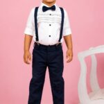 Boys' 4-Piece Navy Blue Suspender Suit Set – Embroidered White Tuxedo Shirt, Bow Tie, Braces, and Trousers