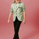 Boys' 3-Piece Smart Semi-Formal Suit Set – Pastel Green Blazer, White T-Shirt, and Black Trousers