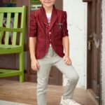 Boys' Premium Designer Party Blazer Outfit – Rich Maroon Striped Coat & Slim-Fit Grey Pants Set