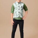 Boys' 3-Piece Smart Waistcoat Set – Mint Green Floral Printed Vest, Olive Green Shirt, and Black Trousers