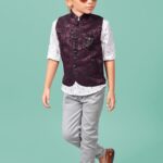 Boys' 3-Piece Festive Waistcoat Set – Wine Purple Brocade Vest, White Printed Shirt, and Grey Trousers