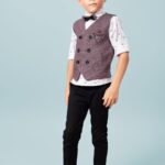 Boys' 4-Piece Double-Breasted Waistcoat Suit Set – Mauve Textured Vest, Printed White Shirt, Bow Tie, and Black Trousers