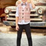 Boys' 5-Piece Vintage Plaid Waistcoat Suit Set – Peach Checked Vest, Cap, Printed Shirt, Bow Tie, and Dark Grey Pants