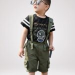 Black Printed T-Shirt with Olive Green Cargo Dungaree Shorts