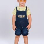 Boys' 2-Piece Summer Dungaree Set – Dark Blue Denim Dungaree Shorts and Lime Green Printed T-Shirt