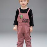 Kids' Fun Dinosaur Theme Dungaree Suit – Pinkish Brown Cotton Overalls with Black Graphic Top