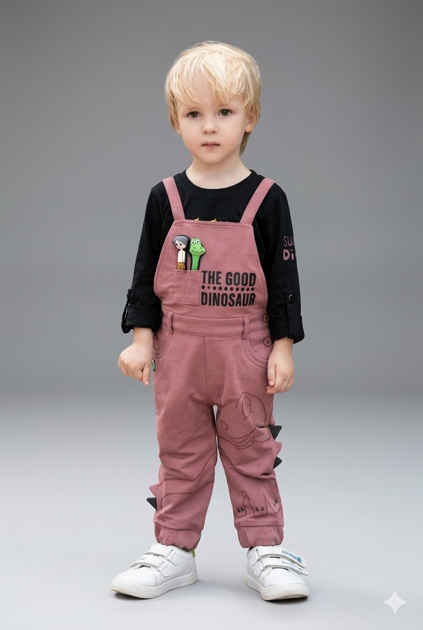WhatsApp Image 2026-06-20 at 11.24.35 AM Kids' Fun Dinosaur Theme Dungaree Suit – Pinkish Brown Cotton Overalls with Black Graphic Top - Image 1