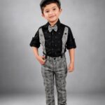 Boys' 5-Piece Vintage Party Suit – Olive Green Plaid Trousers, Black Micro-Print Shirt, and Matching Flat Cap Set