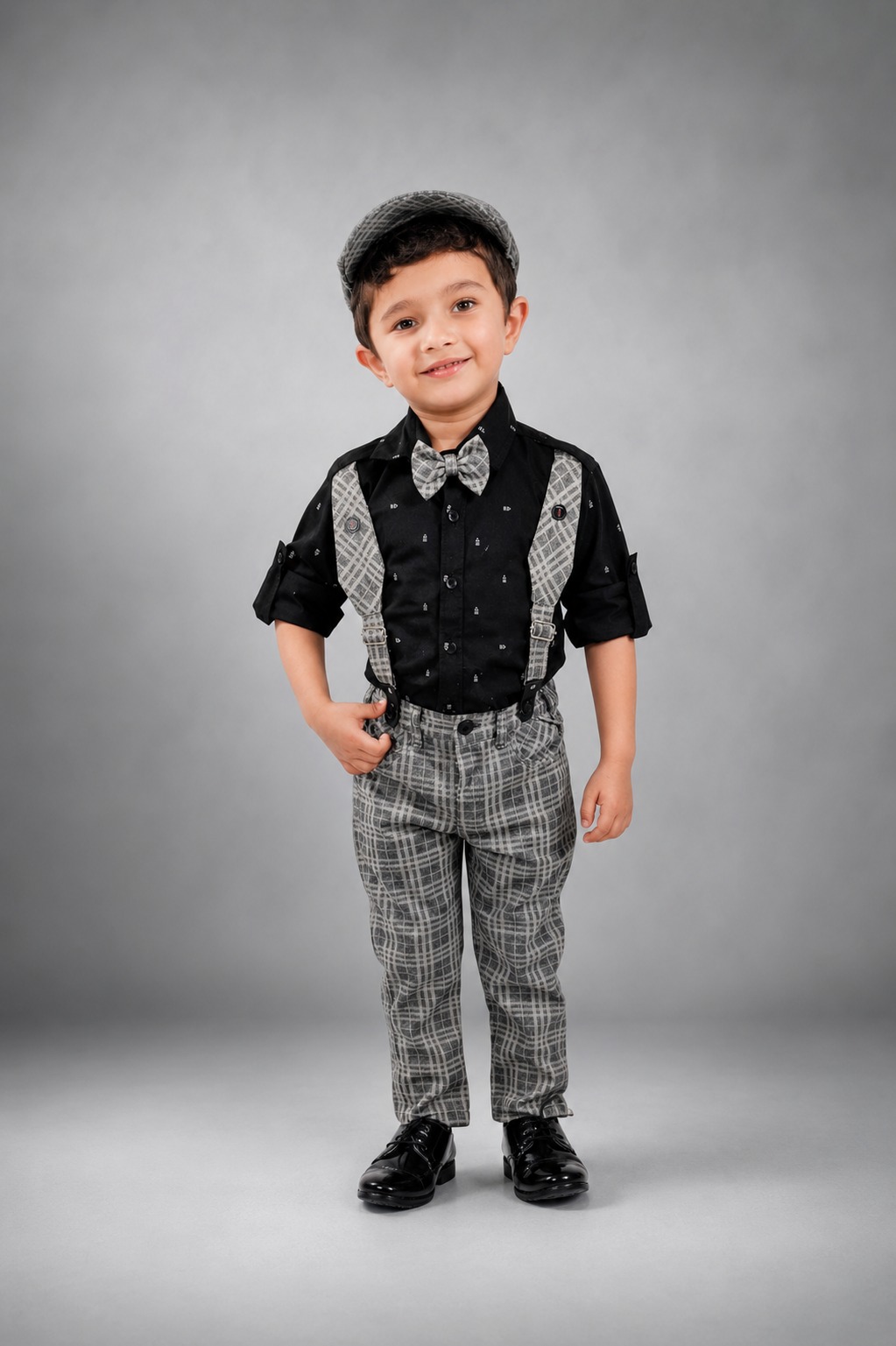 WhatsApp Image 2026-06-20 at 11.38.07 AM Boys' 5-Piece Vintage Party Suit – Olive Green Plaid Trousers, Black Micro-Print Shirt, and Matching Flat Cap Set - Image 1