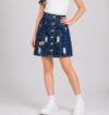 Girls' Distressed Denim Button-Down Skirt – Dark Wash A-Line Ripped Jean Skirt - Image 2