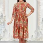 Girls' Premium Traditional Kurta Set – Rust Abstract Print Frock Kurti with Straight Trousers