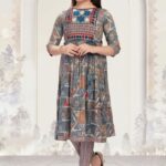 Girls' 2-Piece Ethnic Co-Ord Set – Grey Geometric Print Frock Kurti and Matching Trousers