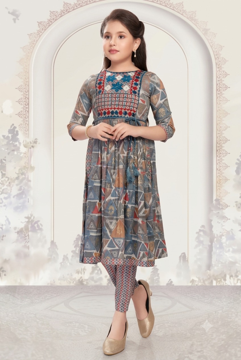WhatsApp Image 2026-06-25 at 5.53.57 PM Girls' 2-Piece Ethnic Co-Ord Set – Grey Geometric Print Frock Kurti and Matching Trousers - Image 1