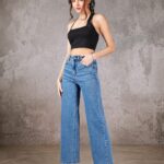 Women's High-Waisted Wide-Leg Jeans – Light Blue Wash Relaxed Denim Trousers - Fj-101