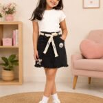 Girls' Black Pure Denim Skirt – A-Line Fringed Hem Jean Skirt with Cream Fabric Belt and Bow Patches
