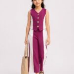 Girls' Korean Style 2-Piece Co-Ord Set – Dark Rani and White Color-Block Waistcoat and Trousers