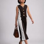 Girls' Korean Style 2-Piece Co-Ord Set – Dark Brown and White Color-Block Waistcoat and Trousers