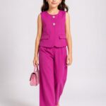 Girls' Korean Style 2-Piece Co-Ord Set – Rani Pink Sleeveless Waistcoat and Wide-Leg Trousers