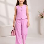 Girls' Korean Style 2-Piece Co-Ord Set – Light Pink Sleeveless Waistcoat and Wide-Leg Trousers