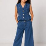 Girls' 2-Piece Denim Co-Ord Set – Sleeveless Notch Collar Denim Waistcoat and Wide-Leg Jeans