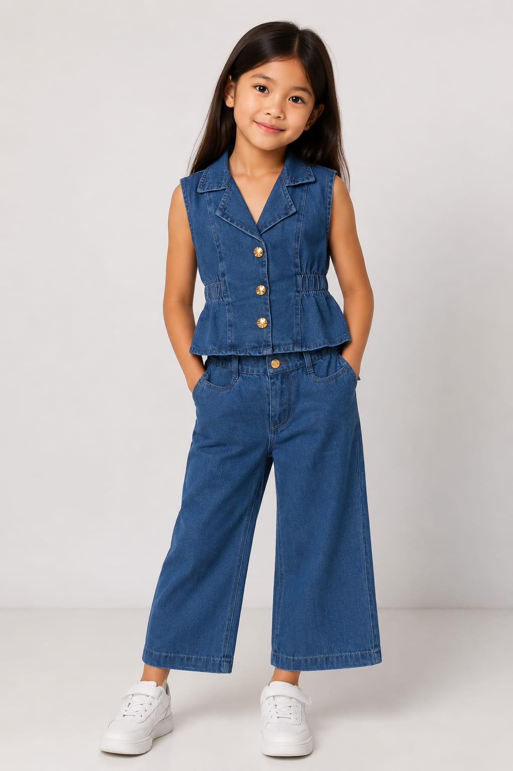 WhatsApp Image 2026-06-30 at 5.05.02 PM Girls' 2-Piece Denim Co-Ord Set – Sleeveless Notch Collar Denim Waistcoat and Wide-Leg Jeans - Image 1