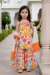 Girls' 3-Piece Floral Sharara Suit Set – Mustard Yellow and Pink Print Strappy Kurti, Flared Sharara, and Orange Dupatta Set-1224