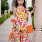 Girls' 3-Piece Floral Sharara Suit Set – Mustard Yellow and Pink Print Strappy Kurti, Flared Sharara, and Orange Dupatta Set-1224