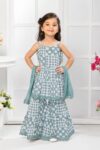 Girls' 3-Piece Sharara Suit Set – Sage Green Polka Dot Print Strappy Kurti, Flared Sharara, and Dupatta Set-1080