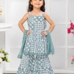 Girls' 3-Piece Sharara Suit Set – Sage Green Polka Dot Print Strappy Kurti, Flared Sharara, and Dupatta Set-1080