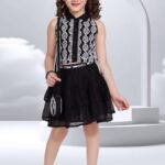 Girls Party Wear Embroidered Skirt Set with Sling Bag -2417