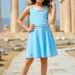 Girls' Sky Blue Sleeveless A-Line Frock – Floral Appliqué Neckline Cotton Summer Dress with Beaded Belt-2521