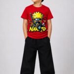 Boys' Red Naruto Anime Graphic Printed Cotton T-Shirt – Ninja Character Crew Neck Tee -8058M