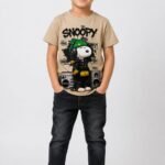 Boys' Beige Snoopy Graffiti Printed Cotton T-Shirt – Hip-Hop Music Graphic Tee-8058J
