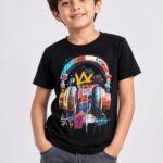 Boys' Black Headphones Graffiti Printed Cotton T-Shirt – Abstract Music Art  Crew Neck Tee -8058D