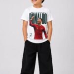 Boys' White Ronaldo CR7 Football Graphic Printed Cotton T-Shirt-8058N