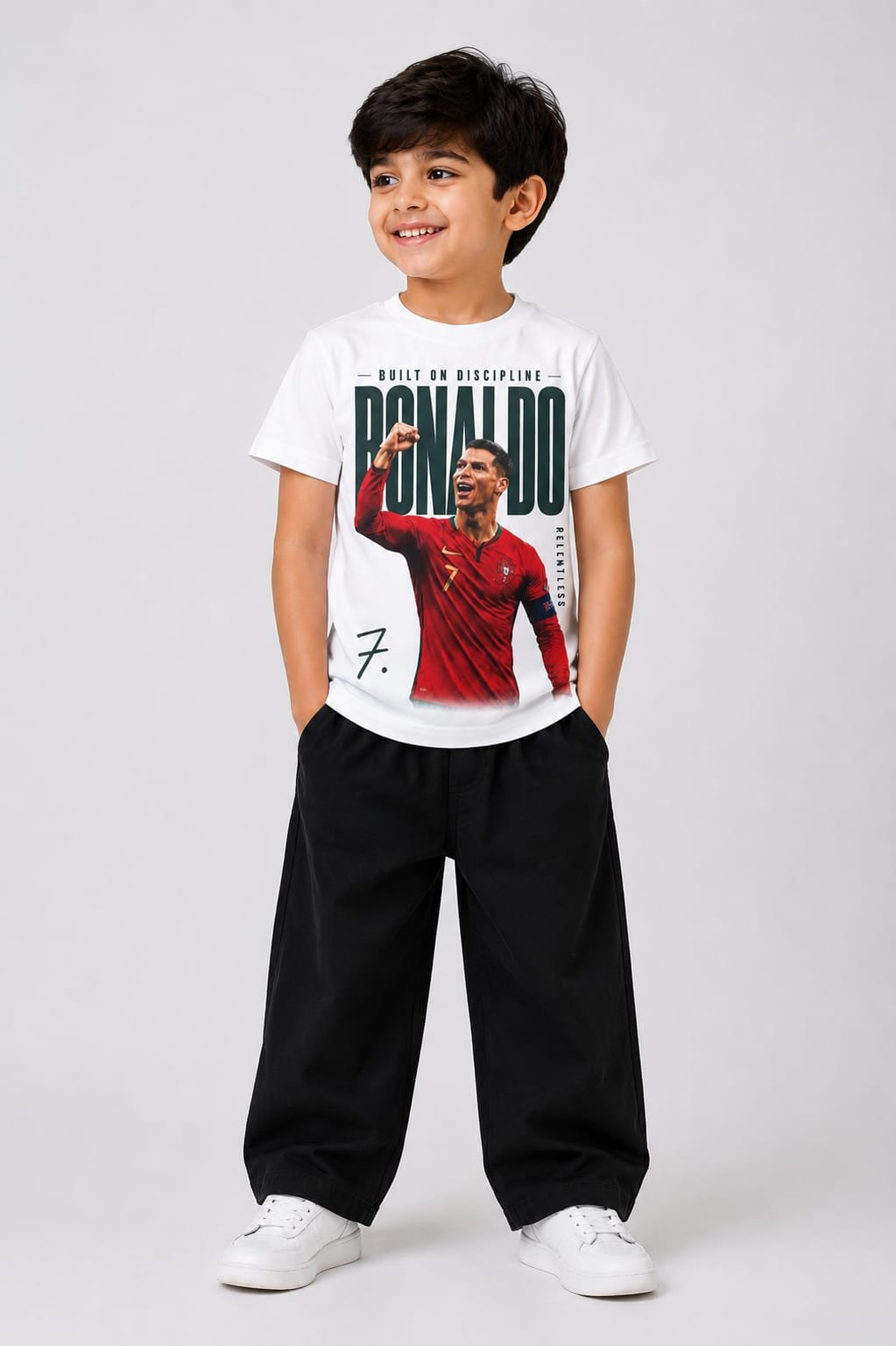 WhatsApp Image 2026-08-11 at 1.22.45 PM Boys' White Ronaldo CR7 Football Graphic Printed Cotton T-Shirt-8058N - Image 1