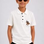 Kids' Off-White Button-Up Polo T-Shirt with Embroidered Pocket Motif-5530
