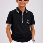 Boys' Classic Black Zipper Neck Polo T-Shirt – White Tipped Collar Cotton Casual Polo-5531