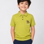 Boys' Olive Lime Green Polo T-Shirt – Embroidered Horse Motif Cotton Short Sleeve Polo-5530