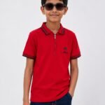 Boys' Vibrant Red Zipper Neck Polo T-Shirt – Tipped Collar Cotton Casual Polo-5531