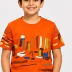 Boys' Bright Orange Abstract Printed Cotton T-Shirt – Graffiti Sleeve Detail Crew Neck Tee-7325 U