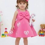 Baby Girls' Pink Bow Party Frock – Sleeveless Heart Patch A-Line Birthday Dress-V143
