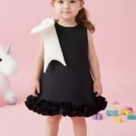 Baby Girls' Black Sleeveless Party Dress – Off-White Shoulder Bow & Ruffled Hem Frock-V165