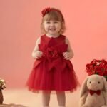 Baby Girls' Vibrant Red Tulle Party Dress with Matching Flower Hairband-V167
