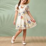 Girls' Off-White Floral Embroidered Summer Dress with Waist Tie-Up-21139