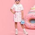 Girls' Off-White Comic Sketch Print Shirt Dress with Pink Belt-21203