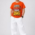 Boys' Orange "Work Hard Dream Big" Graffiti Graphic Cotton T-Shirt-8058C