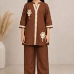Girls' Brown Linen-Blend Kurta & Wide-Leg Trouser Co-Ord Set with Beige Lace Detail-70245